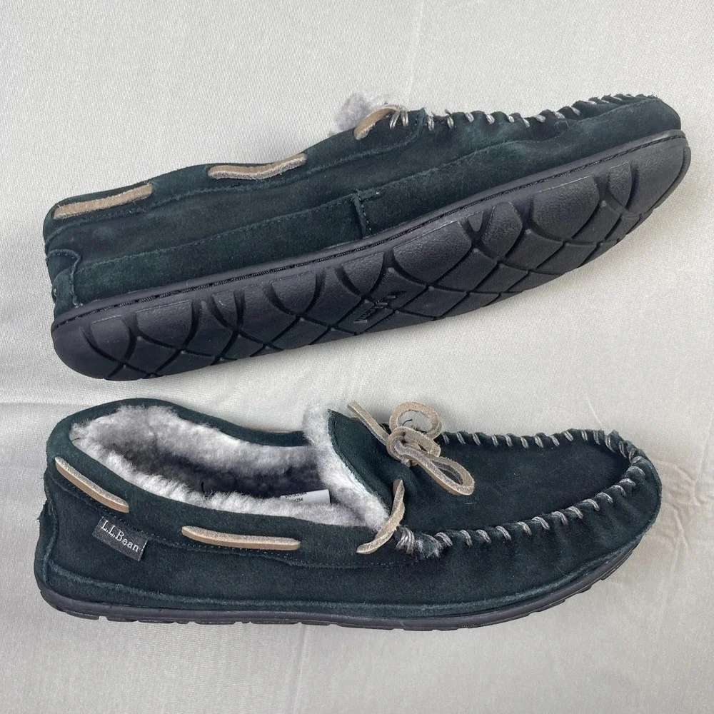 L.L.Bean Wicked Good Men's 11M Black Suede Shearling Moccasin Slippers